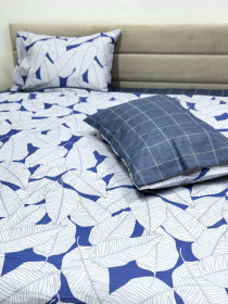 Комплект постельного белья двусторонний с Листьями на белом и синей клеткой Ecotton модель 23373-21004 Фото