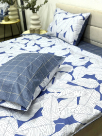 Комплект постельного белья двусторонний с Листьями на белом и синей клеткой Ecotton модель 23373-21004 Фото