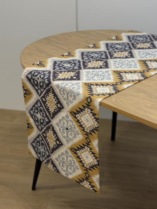 Раннер-дорожка для обеденного стола DUCK водоотталкивающая с орнаментом сине-жёлтая Ecotton модель 25002 Фото