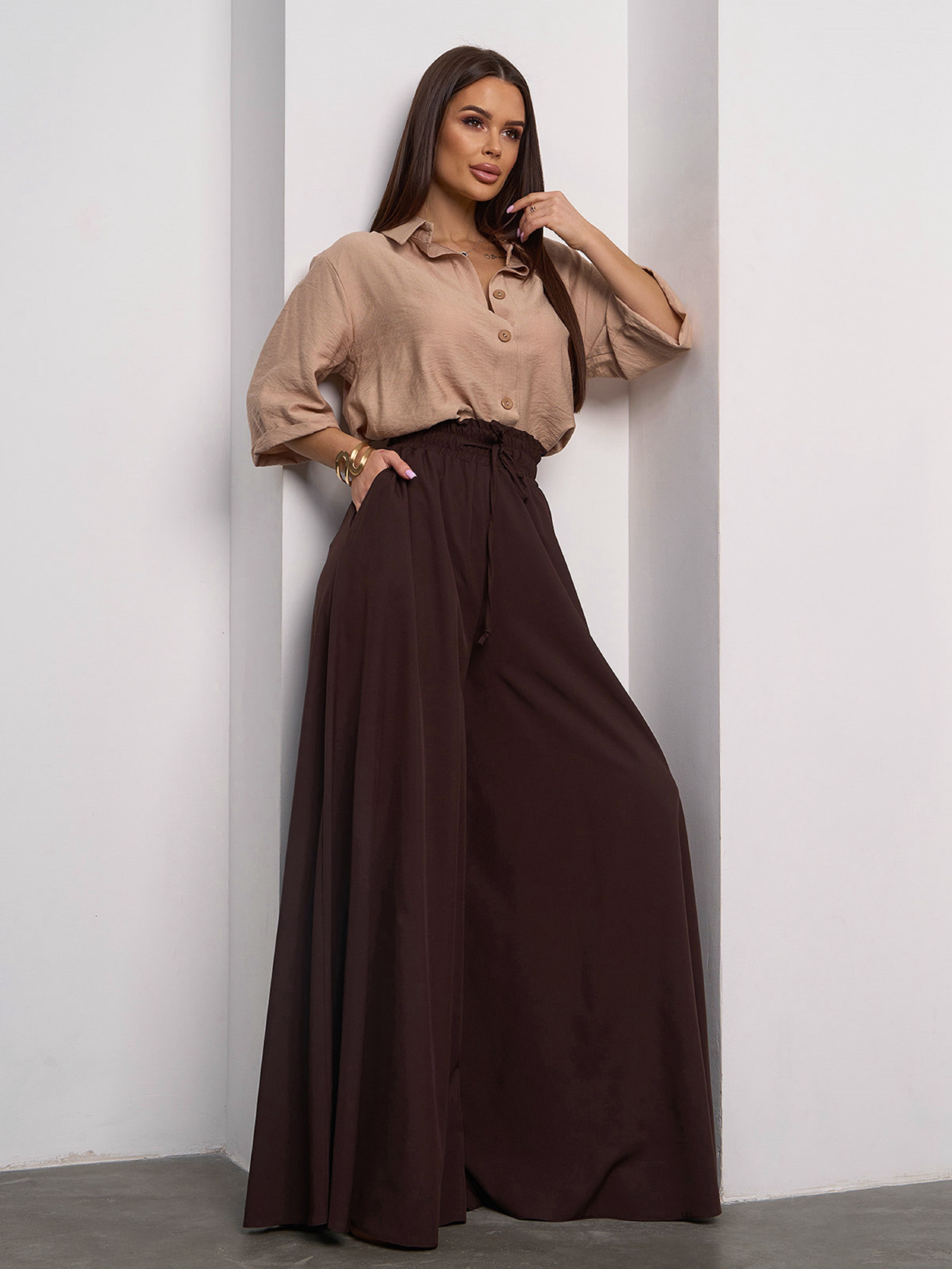 Брюки палаццо ISSA Plus модель SA-527_коричневый Фото