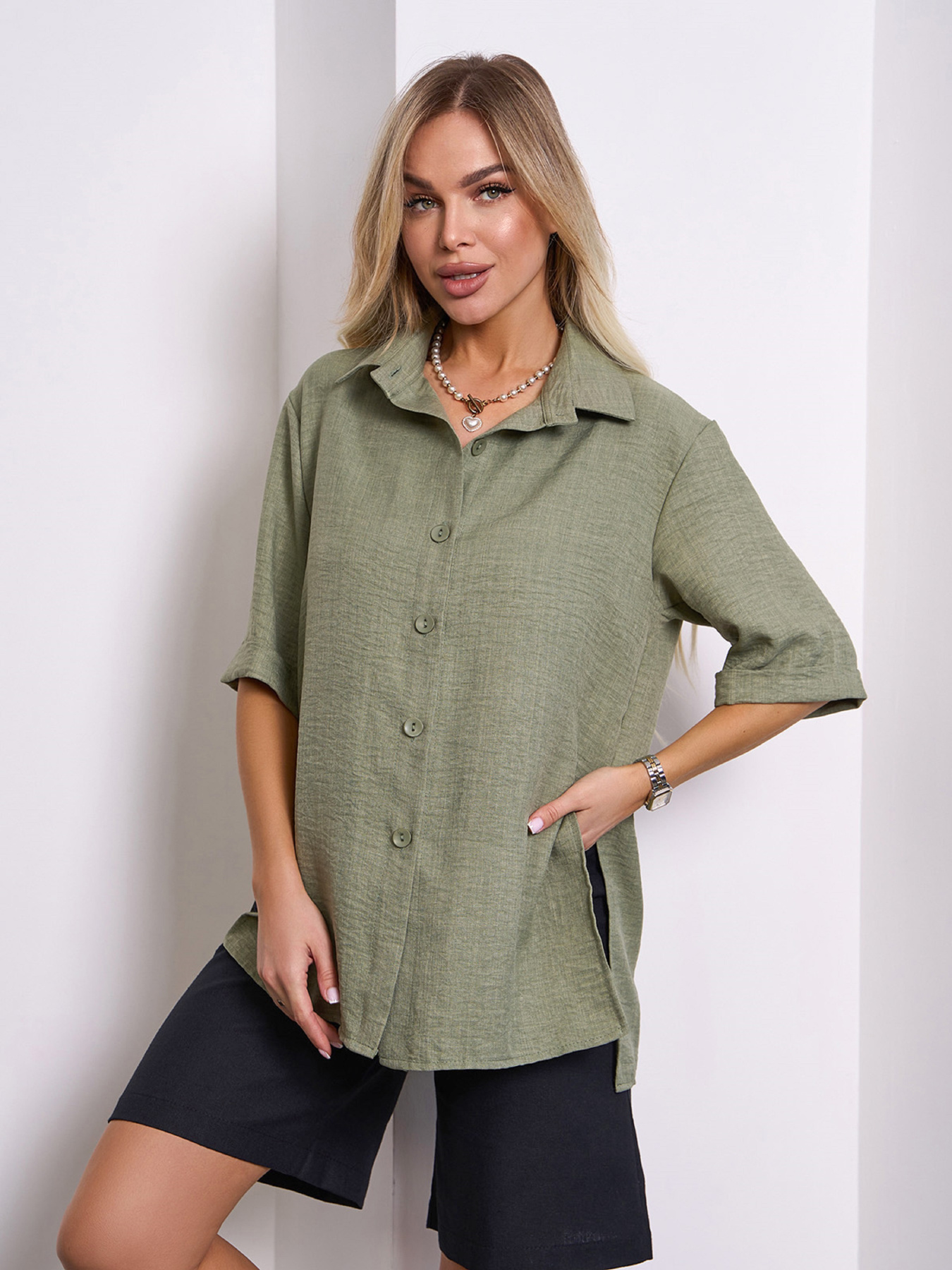 Сорочка ISSA Plus модель 15155_оливковый Фото