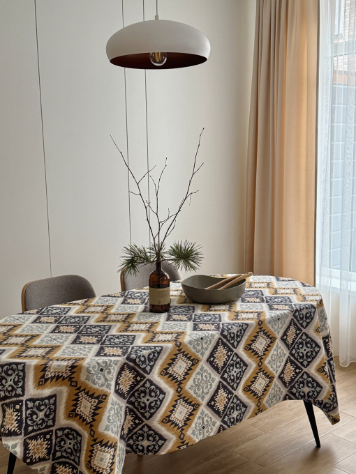 Скатерть столовая с грязе- и водоотталкивающим действием в етно стиле сине-жёлтого цвета Ecotton модель 25019 Фото