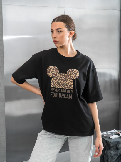 Жіноча футболка оверсайз з принтом Mickey базові футболки жіночі з бавовни teamv Чорна модель 770M-3 - фото