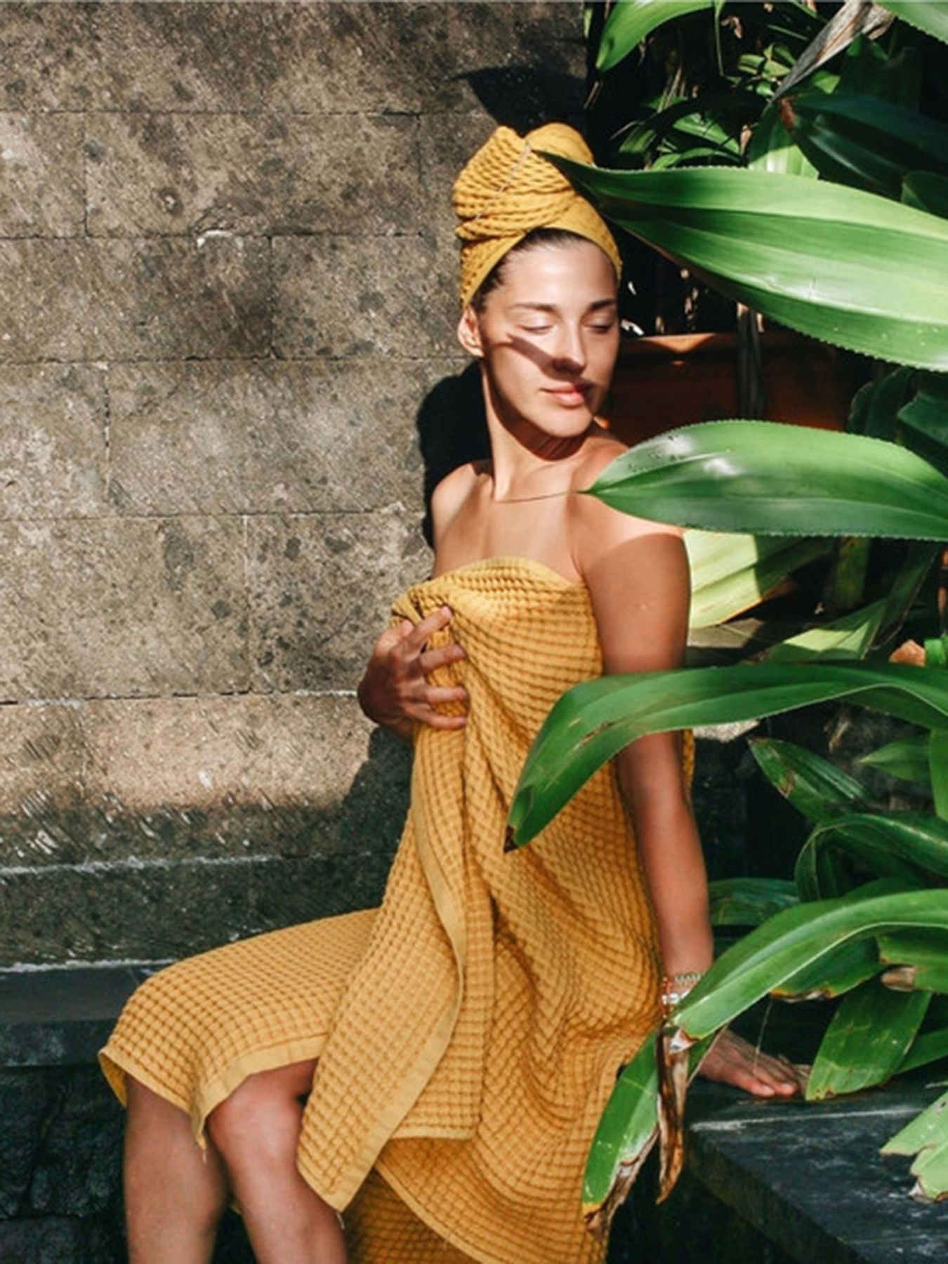 Набор 3 вафельных полотенца для ванной, отелей, SPA, саун, кухні -  Желтый Lovely Svi  модель 110826 Фото