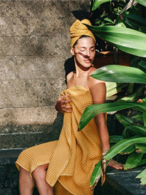 Набор 3 вафельных полотенца для ванной, отелей, SPA, саун, кухні -  Желтый Lovely Svi  модель 110826 Фото