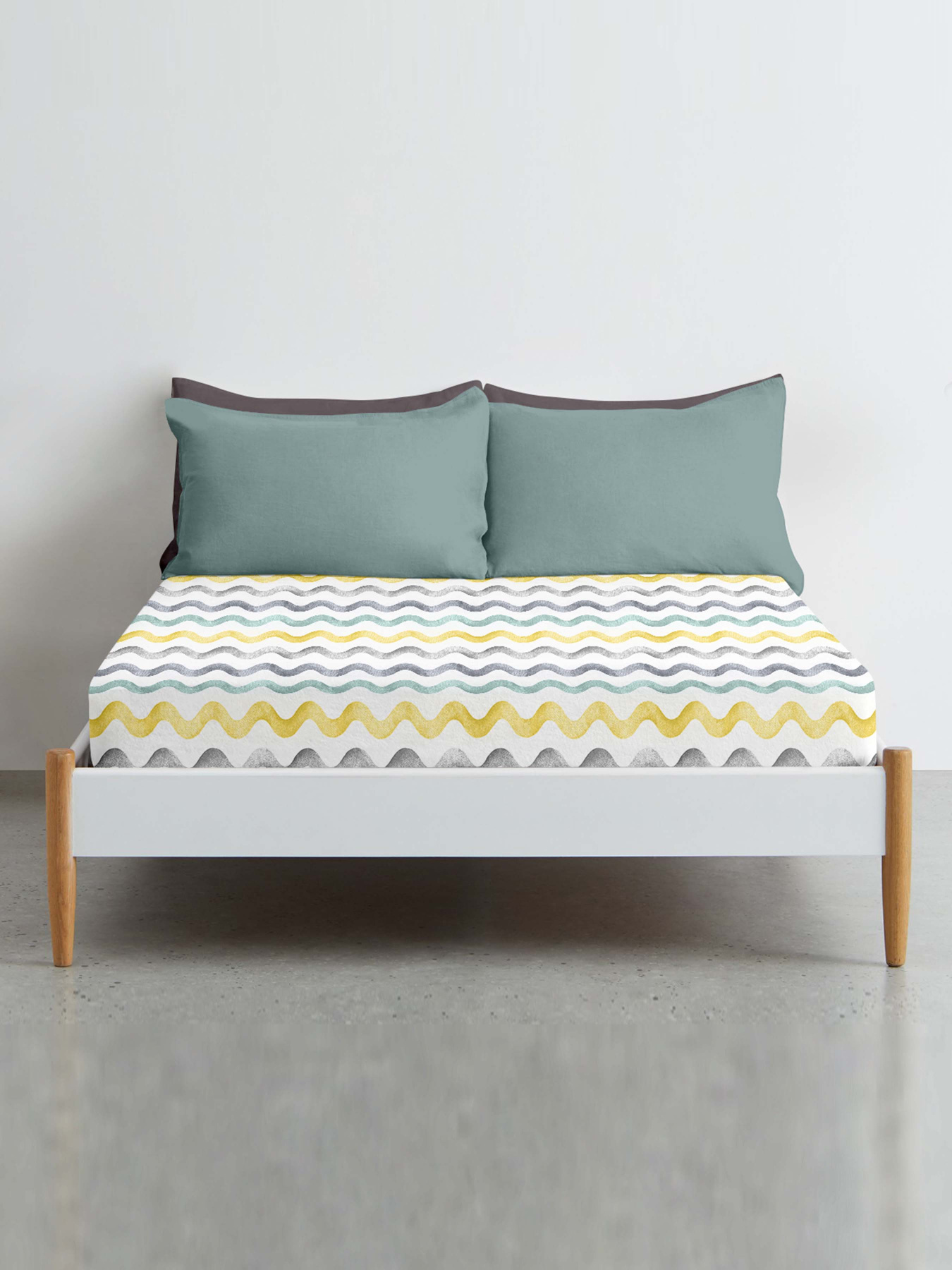 Простынь на резинке ранфорс WAVES Cosas модель WaveGreyYellowMint_120 Фото