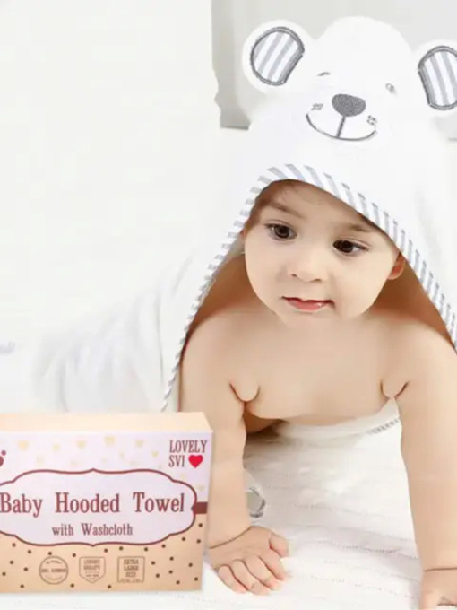 Рушник бамбук / махра дитяче з капюшоном в подарунковій коробці -  Ведмідь - сіра окантовка Lovely Svi  модель 8692694 Фото