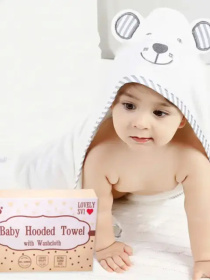 Полотенце  бамбук / махра детское с капюшоном в подарочной коробке Медведь серая окантовка Lovely Svi  модель 8692694 Фото