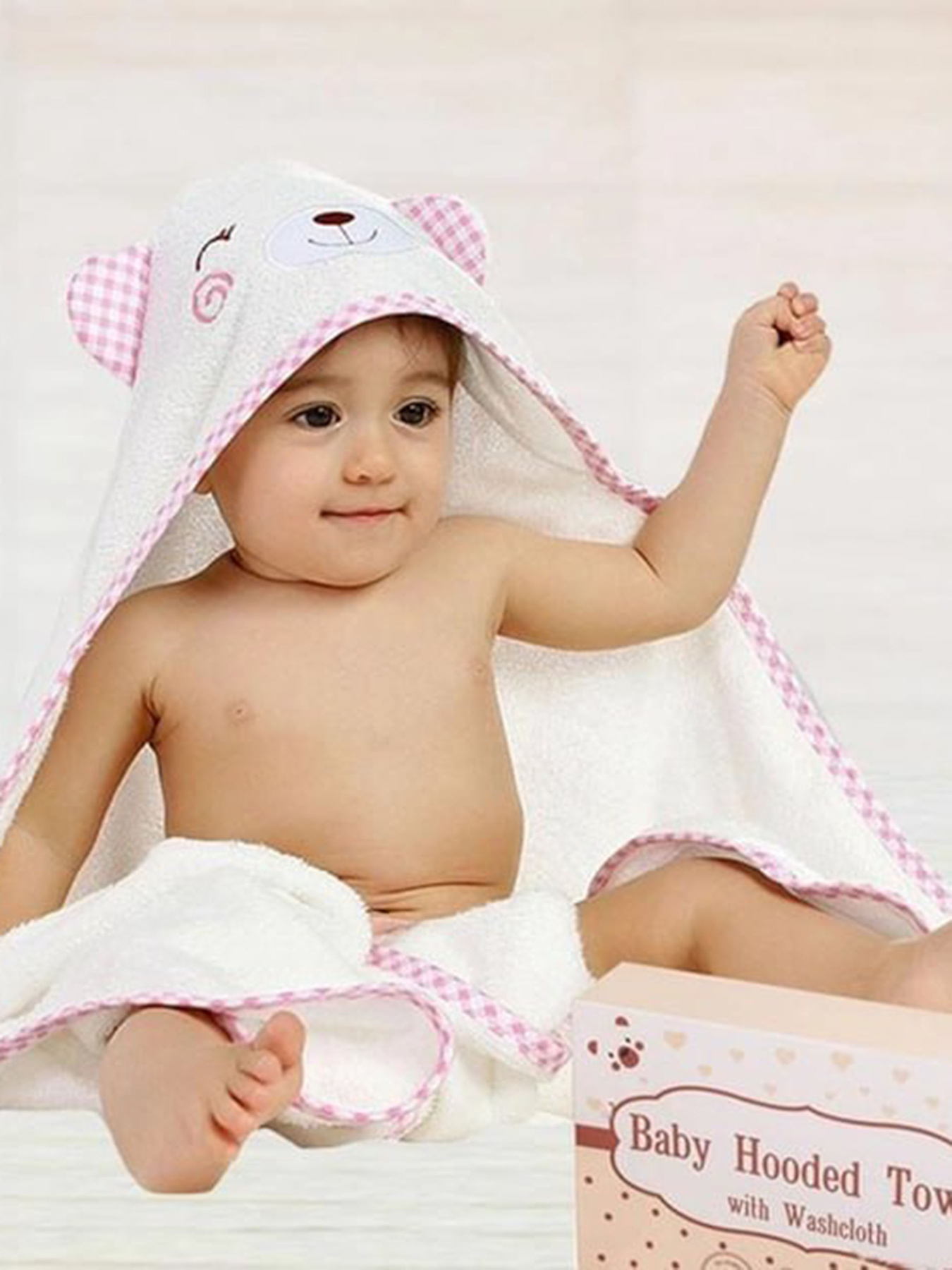 Полотенце  бамбук / махра детское с капюшоном в подарочной коробке Медведь розовая окантовка Lovely Svi  модель 8692695 Фото