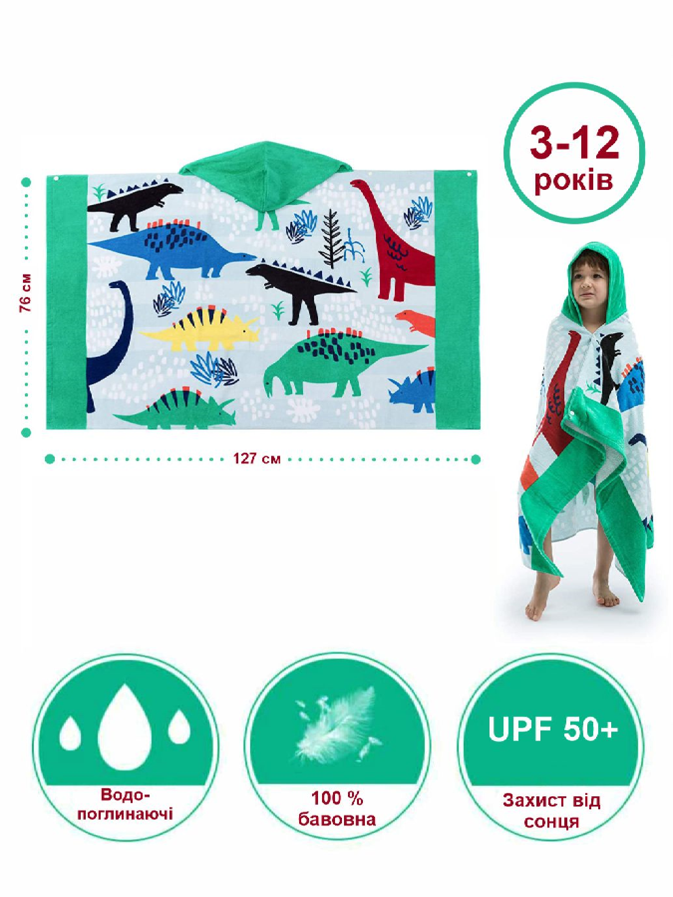 Рушник бавовна велюр/махра дитячий, пляжний, для ванної, басейну - Динозаври Lovely Svi  модель 110520214 Фото