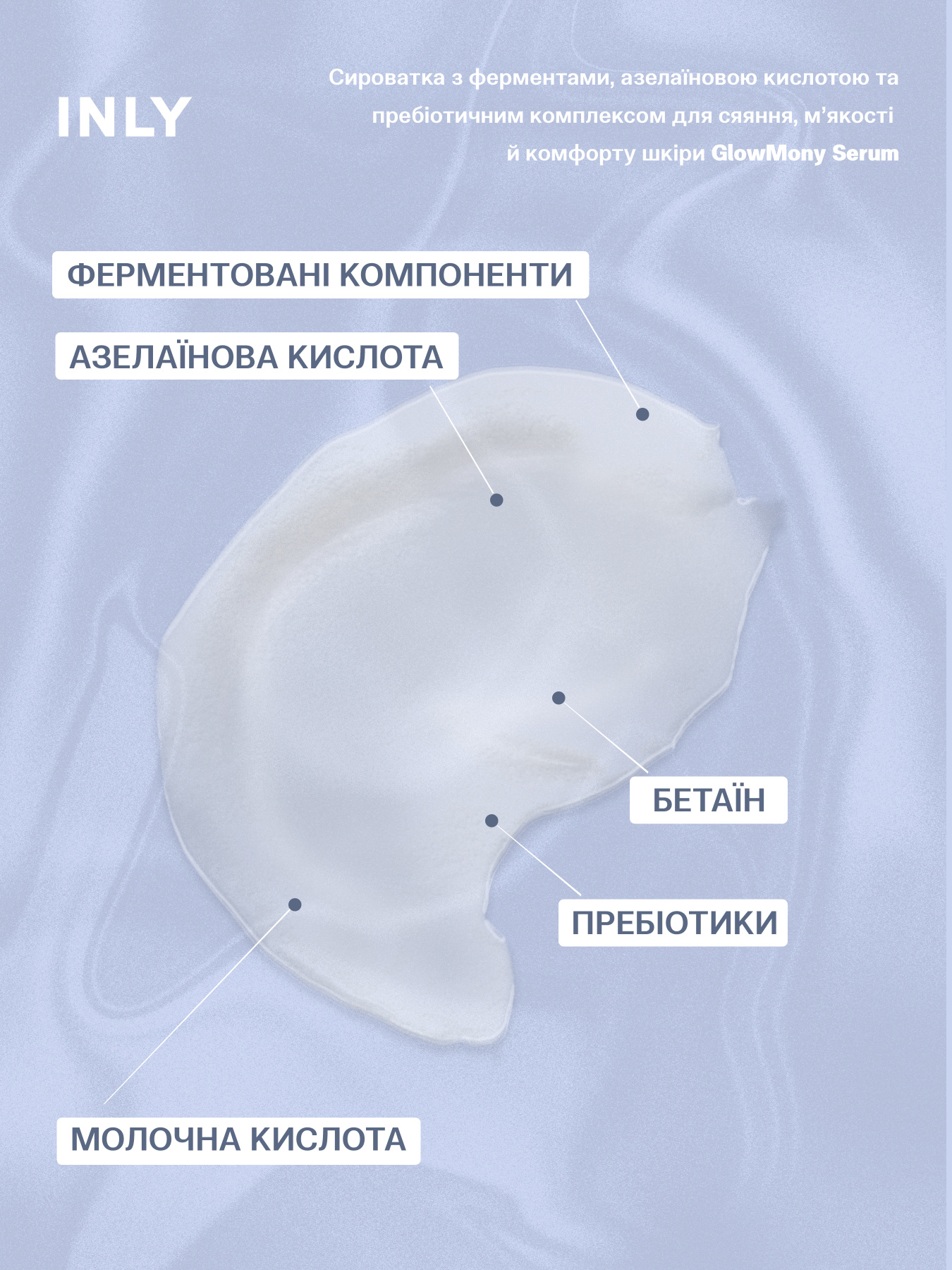 Serum GlowMony
Сыворотка с ферментами, азелаиновой кислотой и пребиотическим комплексом для сияния, мягкости и комфорта кожи INLY модель 682990 Фото