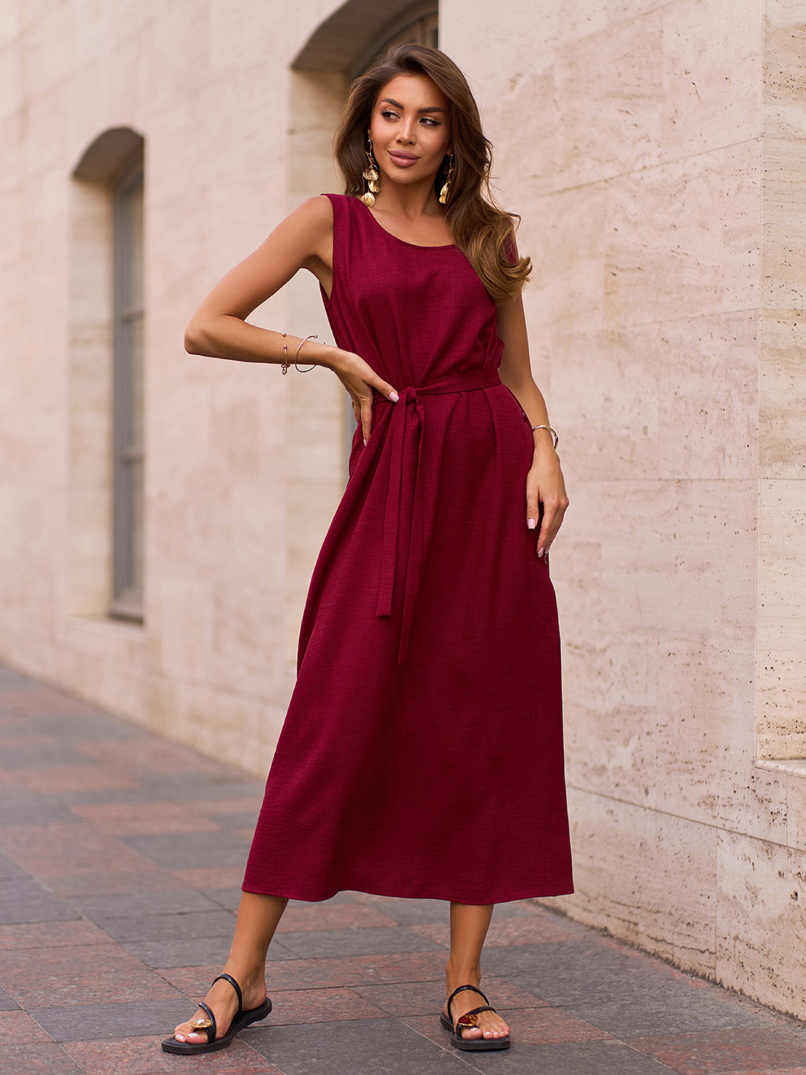 Лляна Жіноча Сукня міді ISSA Plus  (15271_dark_burgundy) колір бордовий