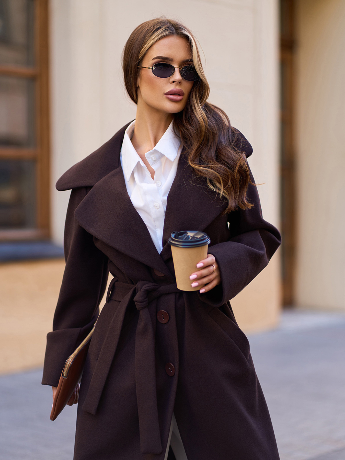 Пальто ISSA Plus модель 13540_темно_коричневый Пальто ISSA Plus модель 13540_темно_коричневый Фото