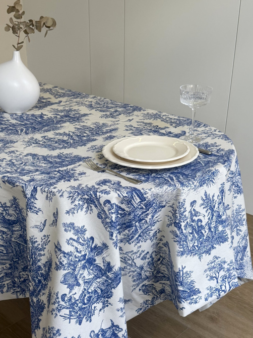 Скатерть столовая с грязе- и водоотталкивающим действием в стиле бохо Italiano Blue синего цвета Ecotton модель 25327 Фото