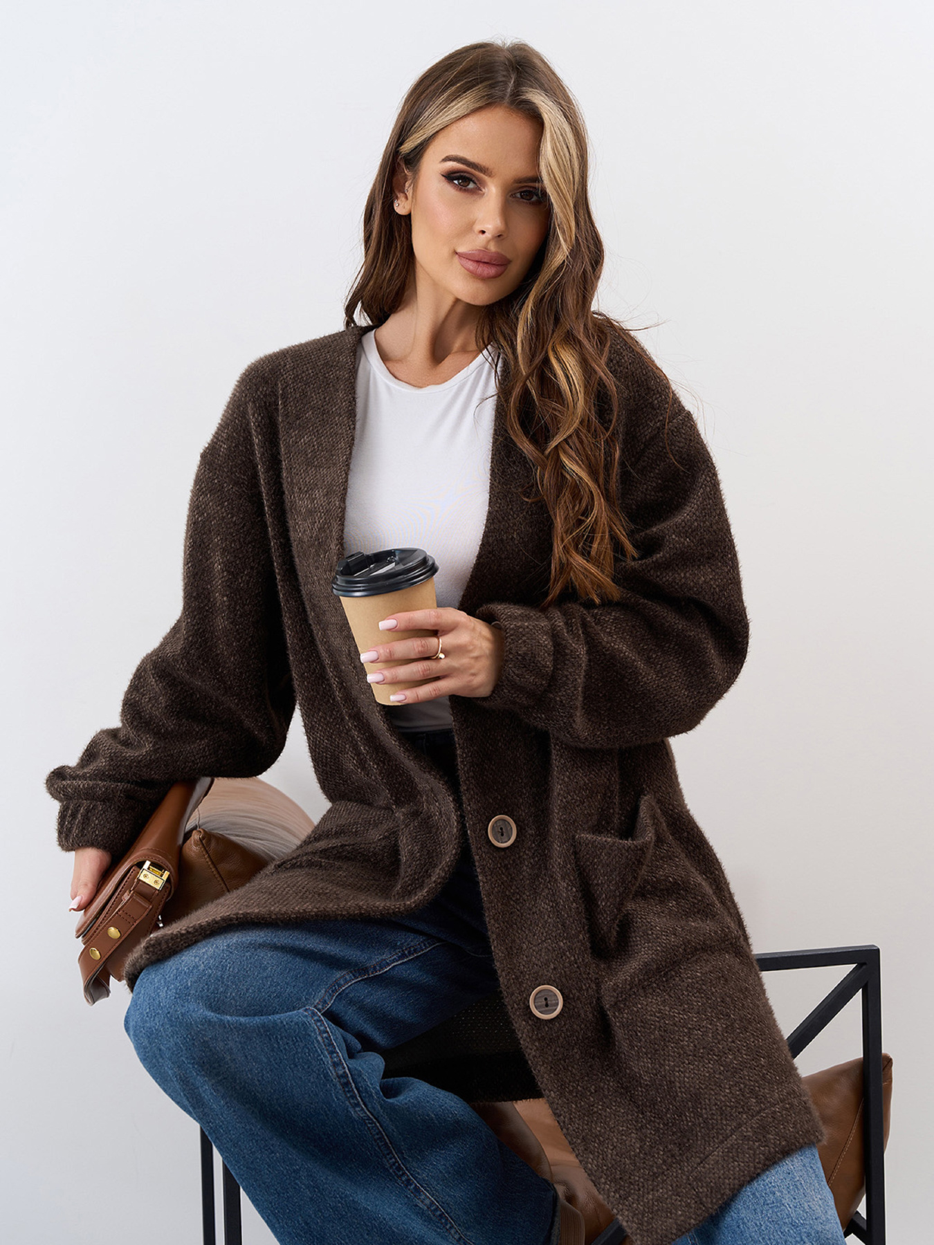 Кардиган ISSA Plus модель 15327_темно_коричневый Фото