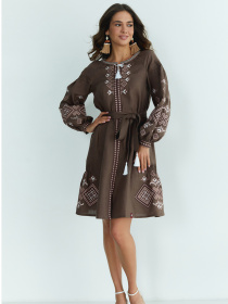 Вышитое платье Folk Moda модель fm3025-korichnevij Фото