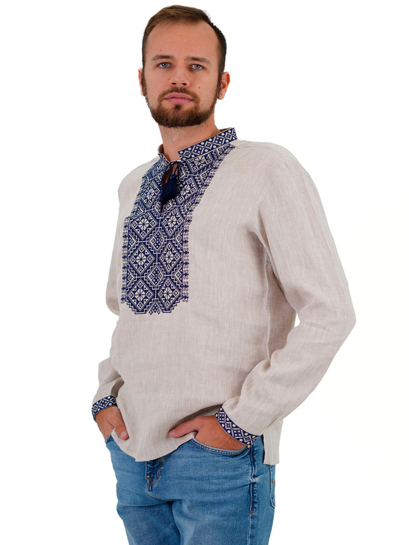 Вышитая рубашка Folk Moda модель fm2162-srij-bezhevij Фото