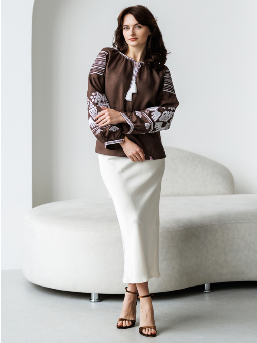 Вышитая рубашка Folk Moda модель fm2144-korichnevij Фото