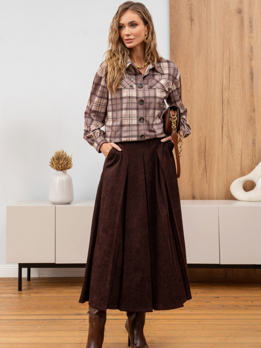 Костюм с коричневой юбкой и рубашкой в клетку модель 76555 Фото