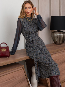 Комбинированное платье с шифоновыми рукавами серое модель 76553 Фото