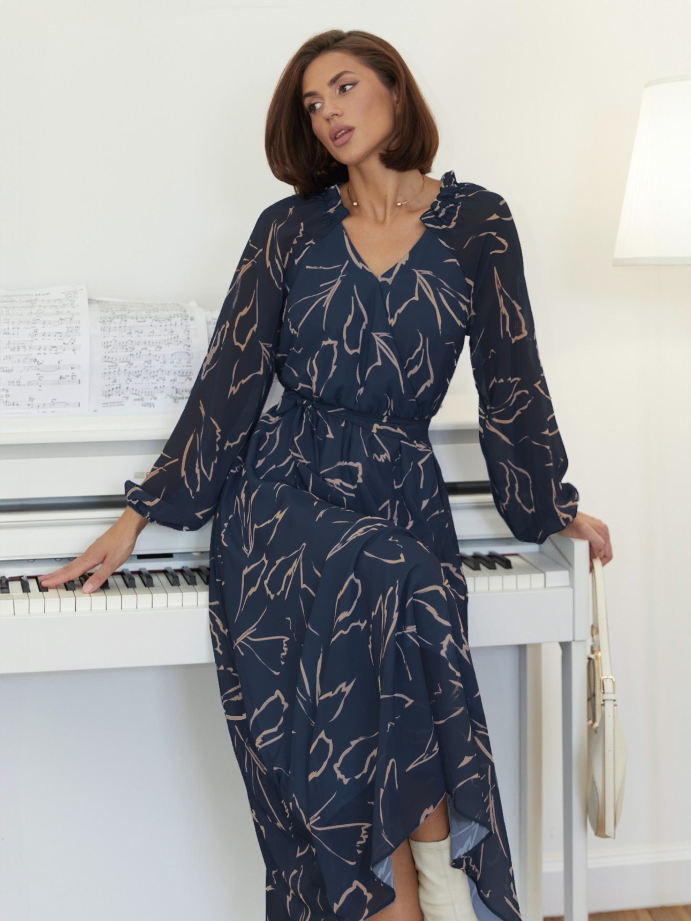 Шифонова сукня-кльош з принтом синя модель 76564 Фото