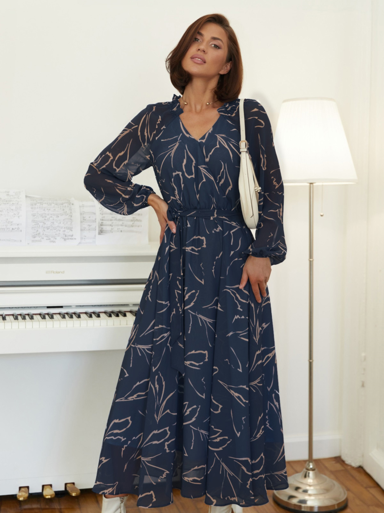 Шифонова сукня-кльош з принтом синя модель 76564 Фото