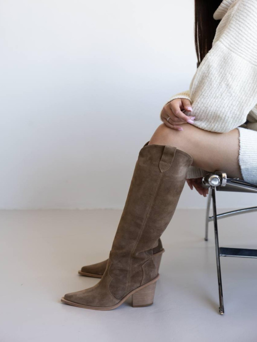 Високі замшеві козаки з гострим носиком на байці Дерево (629/Бостон) модель P_234687 Фото