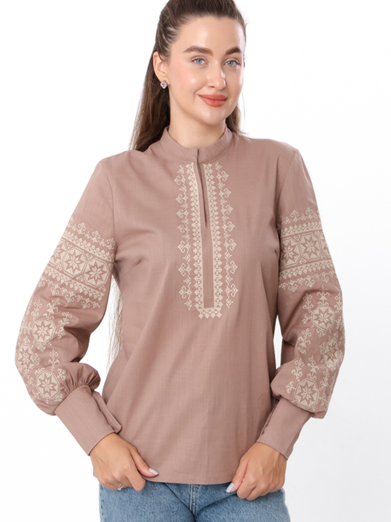 Лляна жіноча вишиванка з об'ємними рукавами та високим коміром, Капучіно Носи Своє (8409-132-22) модель 8409-132-22-kava Фото