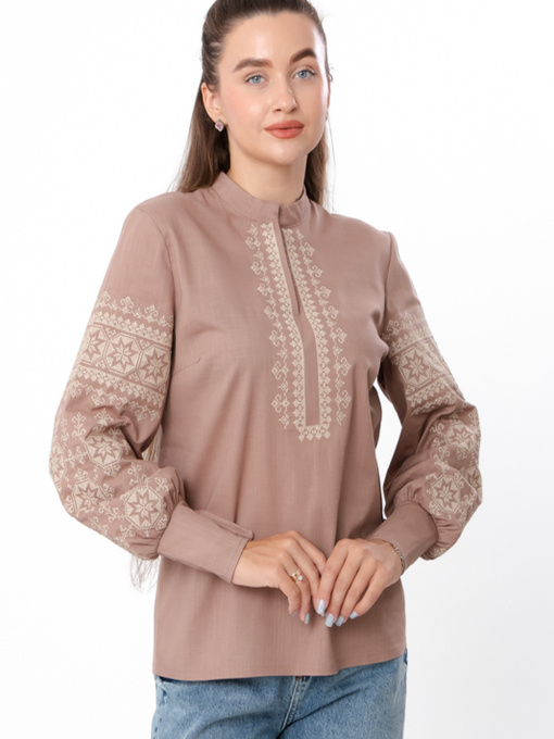 Лляна жіноча вишиванка з об'ємними рукавами та високим коміром, Капучіно Носи Своє (8409-132-22) модель 8409-132-22-kava Фото