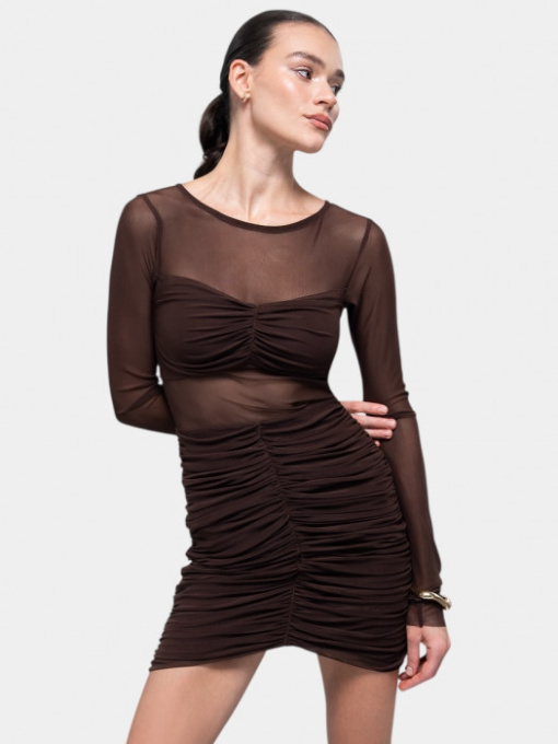 Коричневое сетчатое миниплатье с драпированными вставками модель 11454 Фото