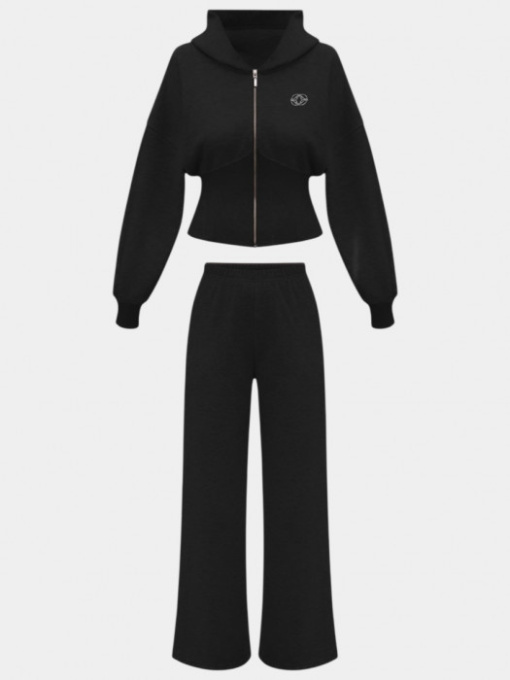 Черный спортивный костюм с кроп-худи и широкими брюками модель 11156 Фото