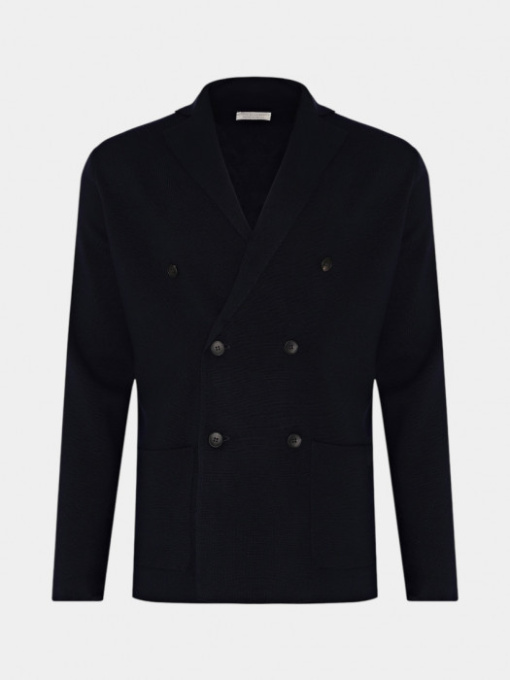 Темно-синий шерстяной кардиган с двухбортным силуэтом модель 11315 Фото