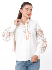 Лляна жіноча вишиванка з об'ємними рукавами та високим коміром, Молочний Носи Своє (8409-132-22) модель 8409-132-22-svtlo-molochnij Фото