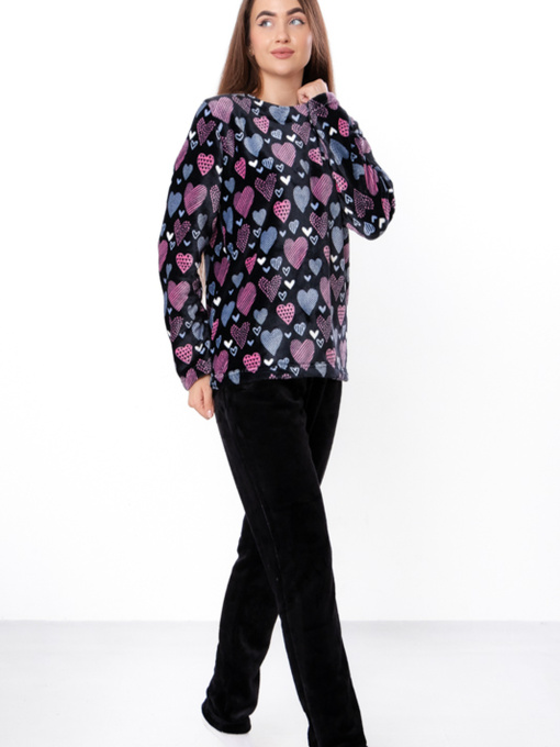 Махрова піжама жіноча (штани та кофта) з принтом, Темно-синій Носи Своє (8162-035-1) модель 8162-035-1-serdechka-rozhevij-blakitnij Фото