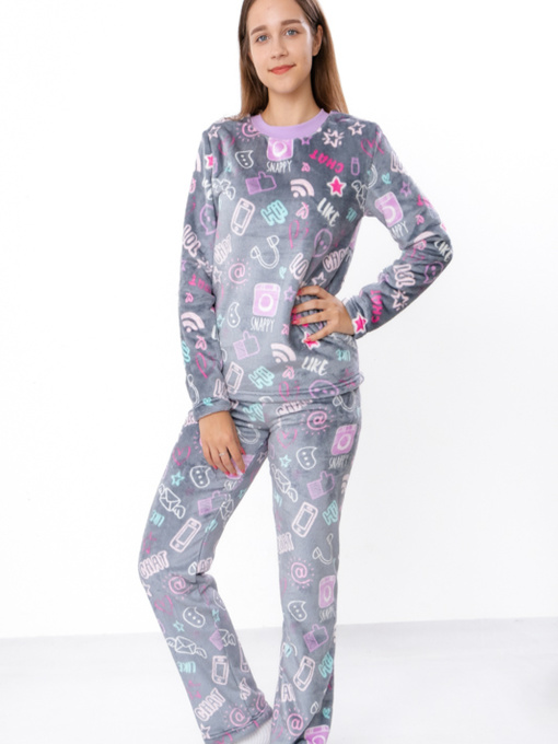 Піжама для дівчинки-підлітка махрова (кофта та штани) з принтом, Сірий Носи Своє (6079-035-2-1) модель 6079-035-2-1-like-na-sromu Фото