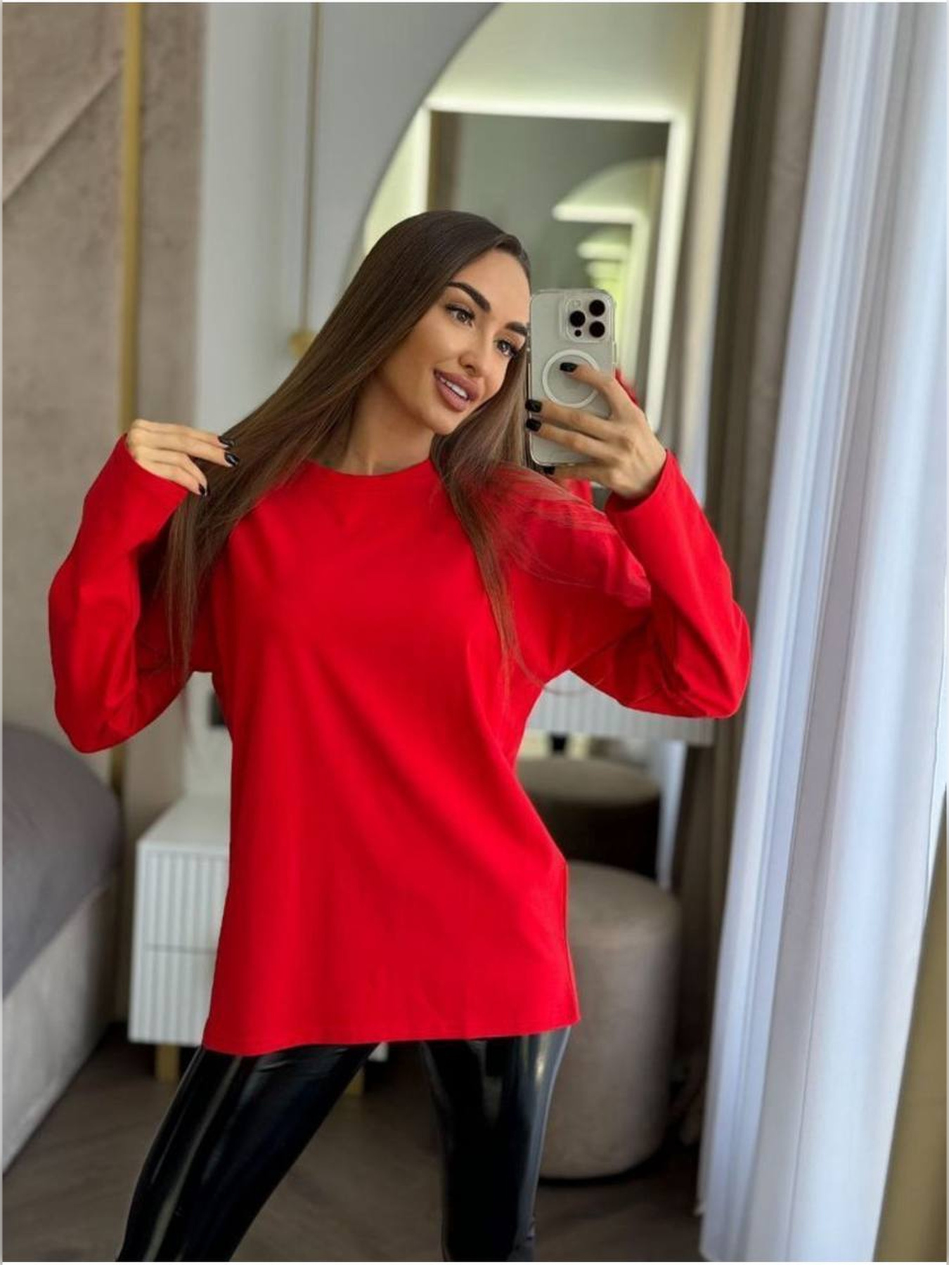 Лонгслив женский оверсайз красный модель Wn197 Фото