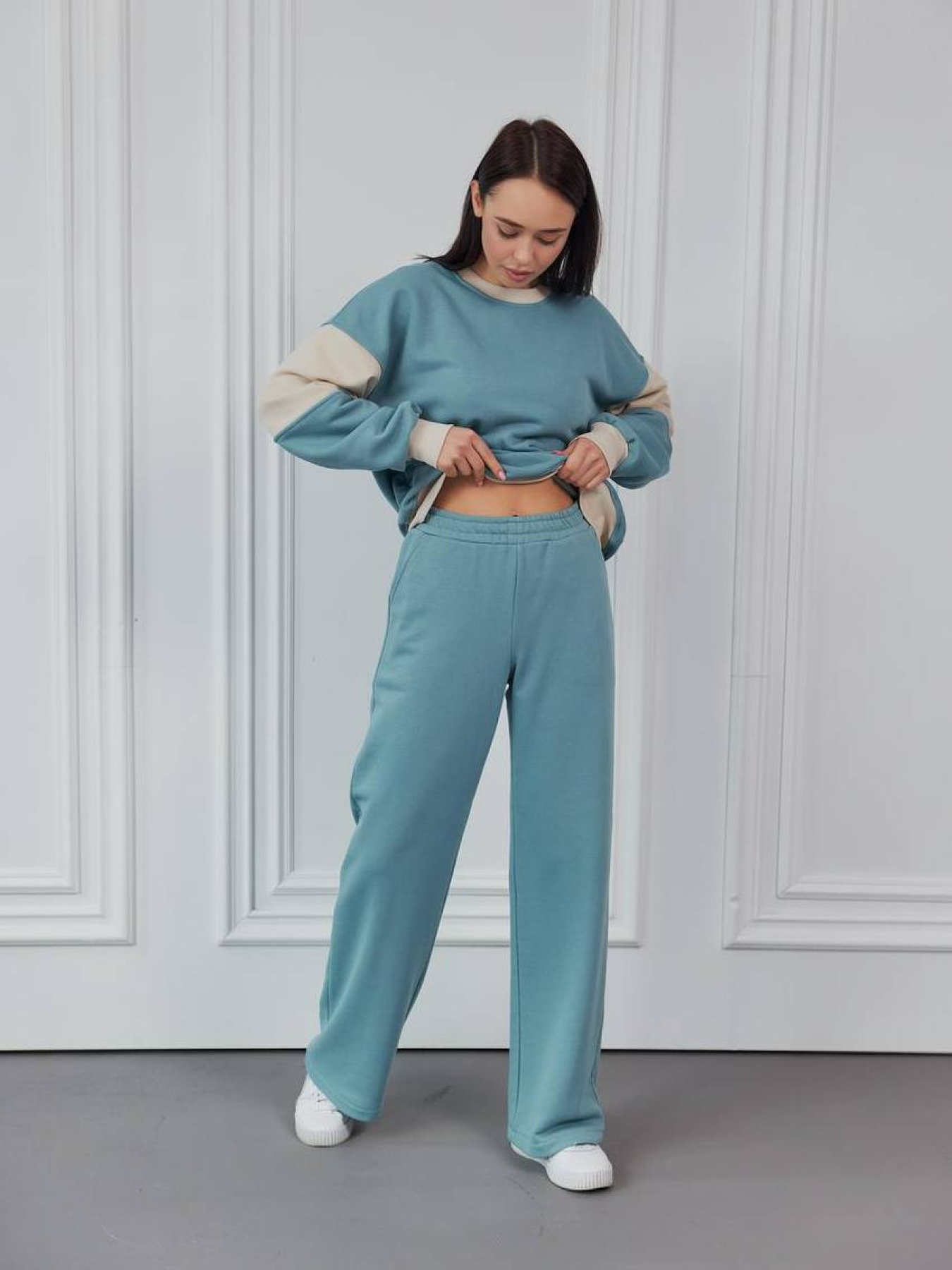 Брюки женские прямые тринитка темно-голубые модель M121.3-281 Фото