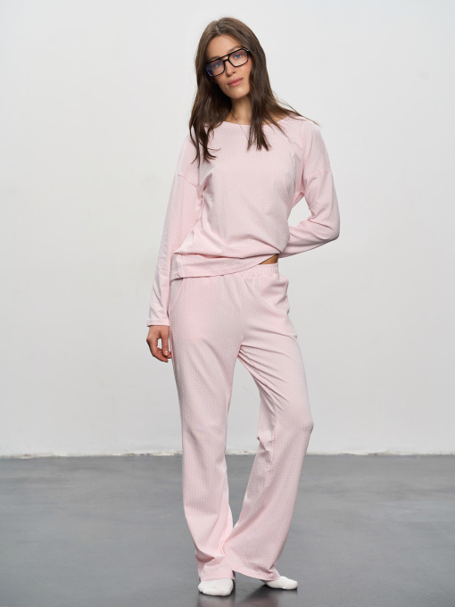 Домашній жіночий комплект штани та футболка з довгим рукавом рожевий в горошок ТМ РОЗА модель 250911_pink Фото