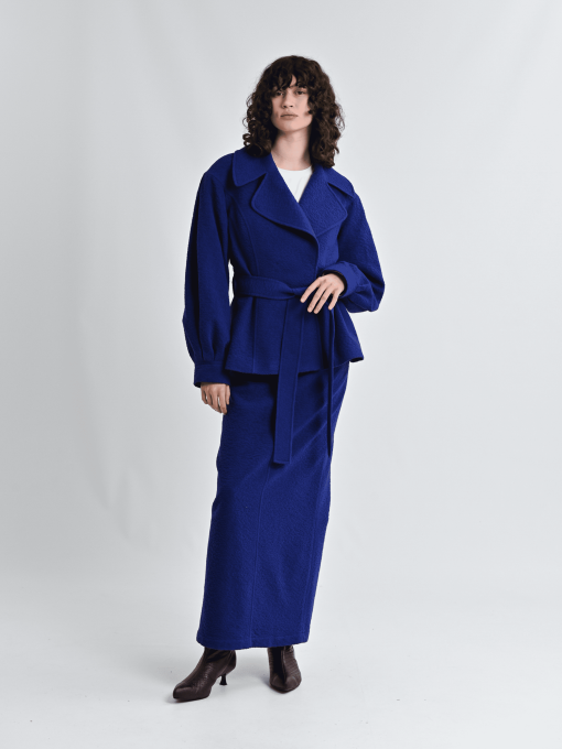 Синій пальтовий жакет під пасок модель 500449 Фото