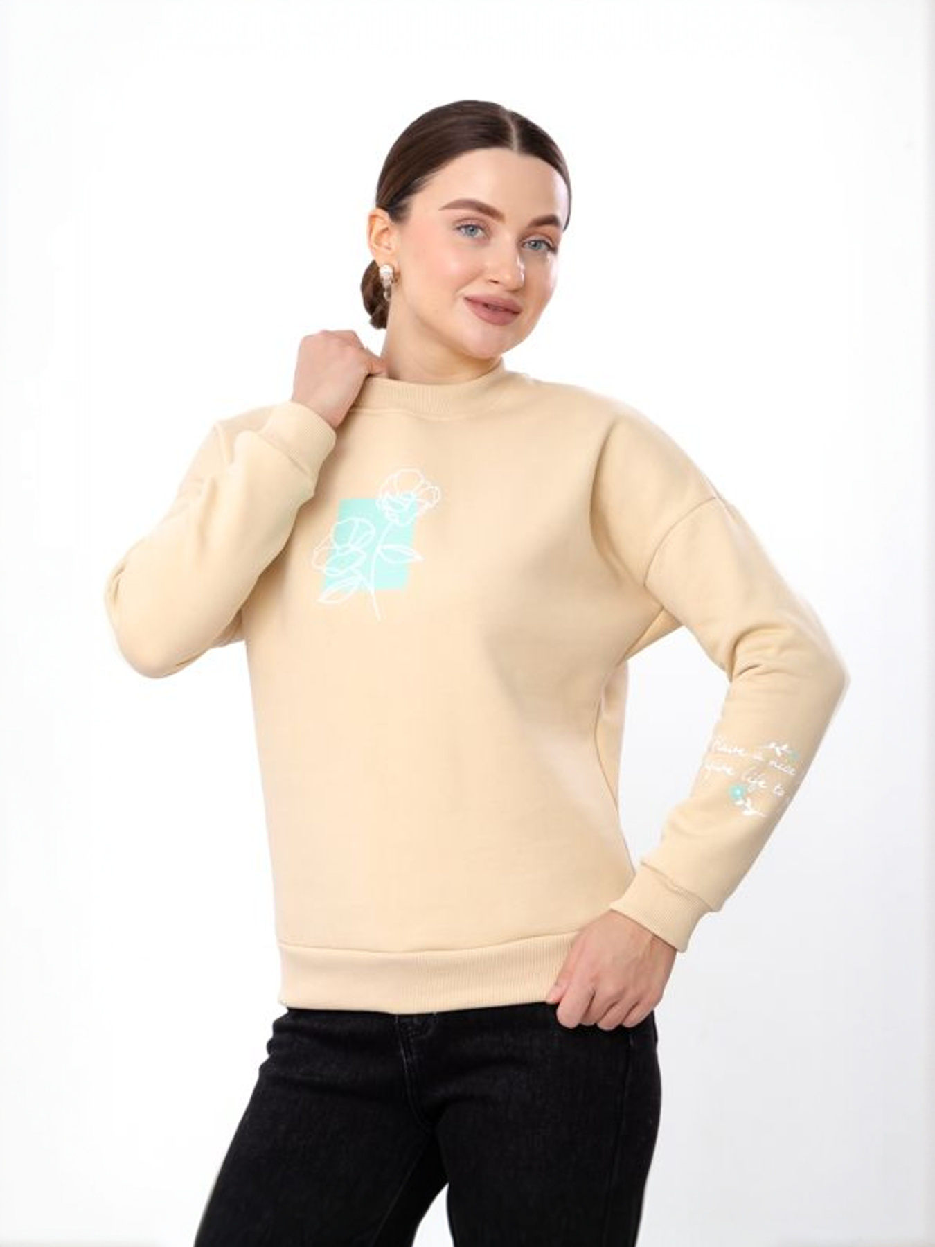 Жіночий теплий світшот із квітковим принтом та написом на рукаві, Бежевий Носи Своє (8175-025-33) модель 8175-025-33-bezhevo-zhovtij-kvti Фото