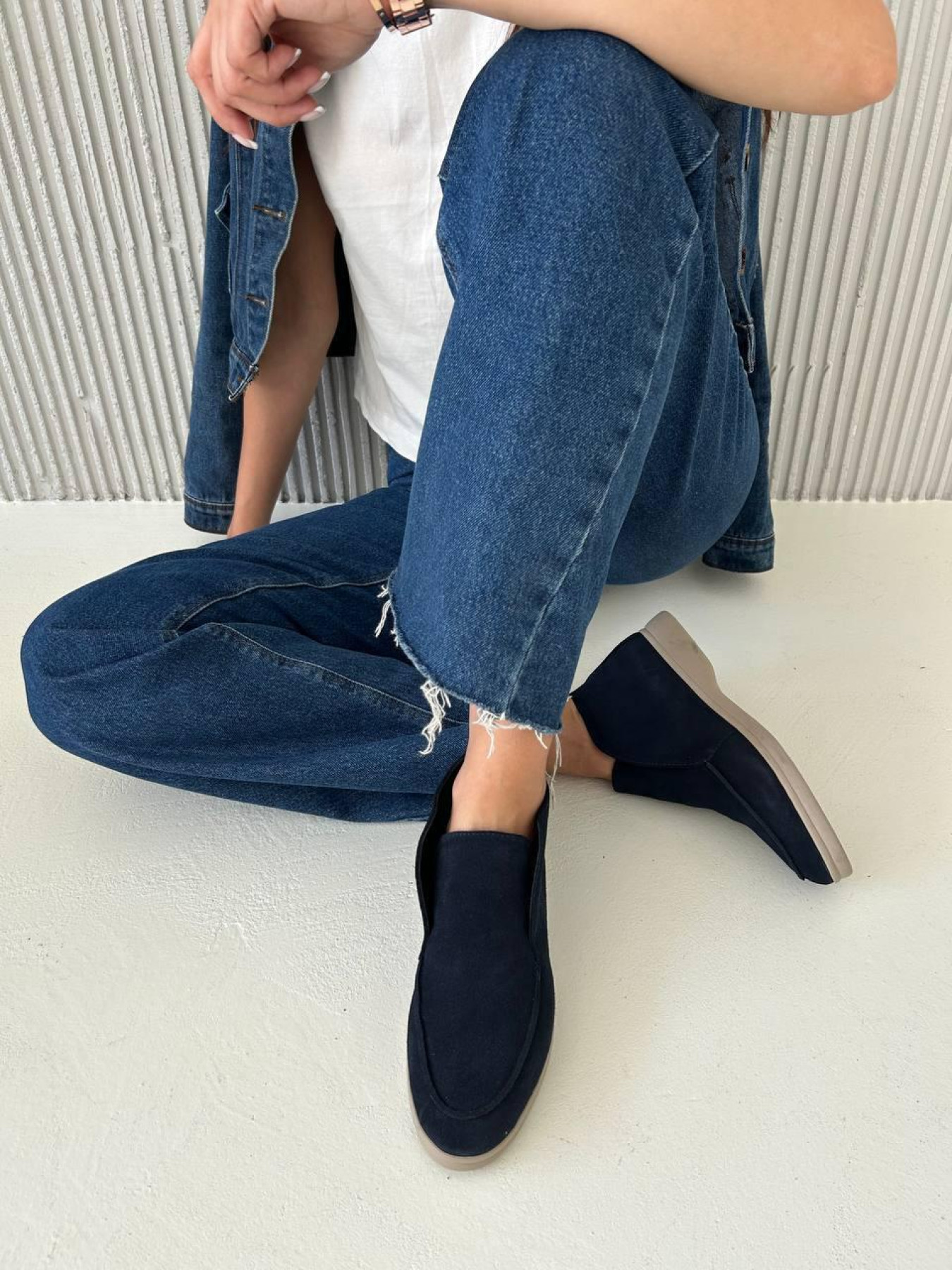 Высокие женские замшевые лоферы с овчиной темный джинс (157/хилари2) модель P_206097-S40_206097 Фото