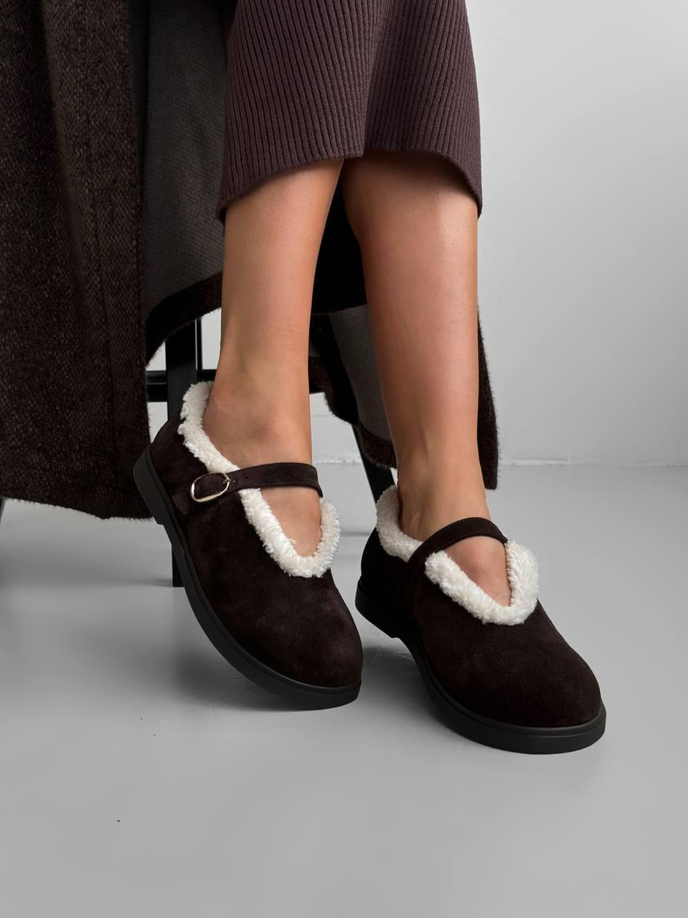 Женские балетки из натуральной замши с меховой подкладкой какао (179/теса 3) модель P_224244-S38_226248 Фото