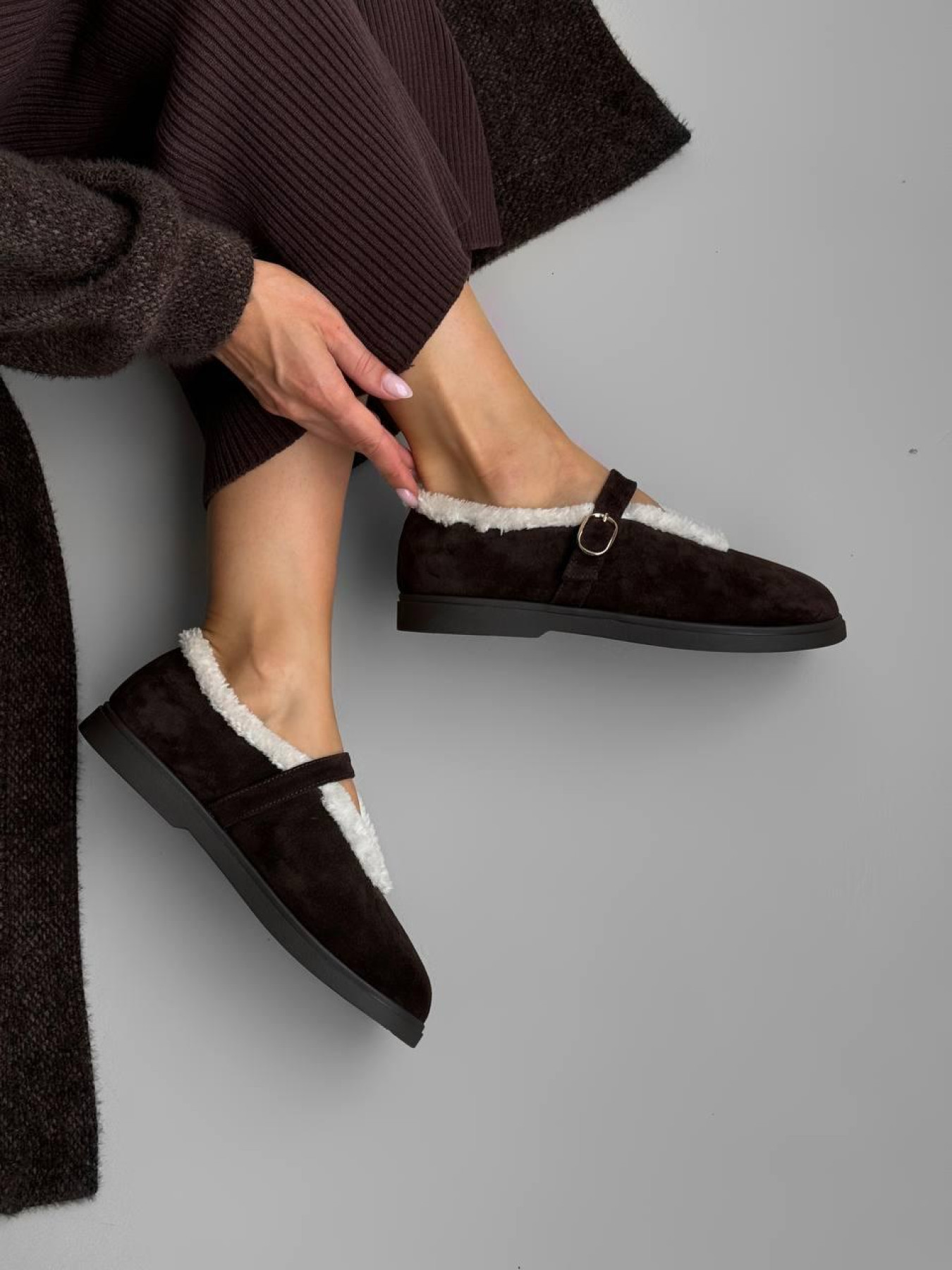 Женские балетки из натуральной замши с меховой подкладкой какао (179/теса 3) модель P_224244-S38_226248 Фото