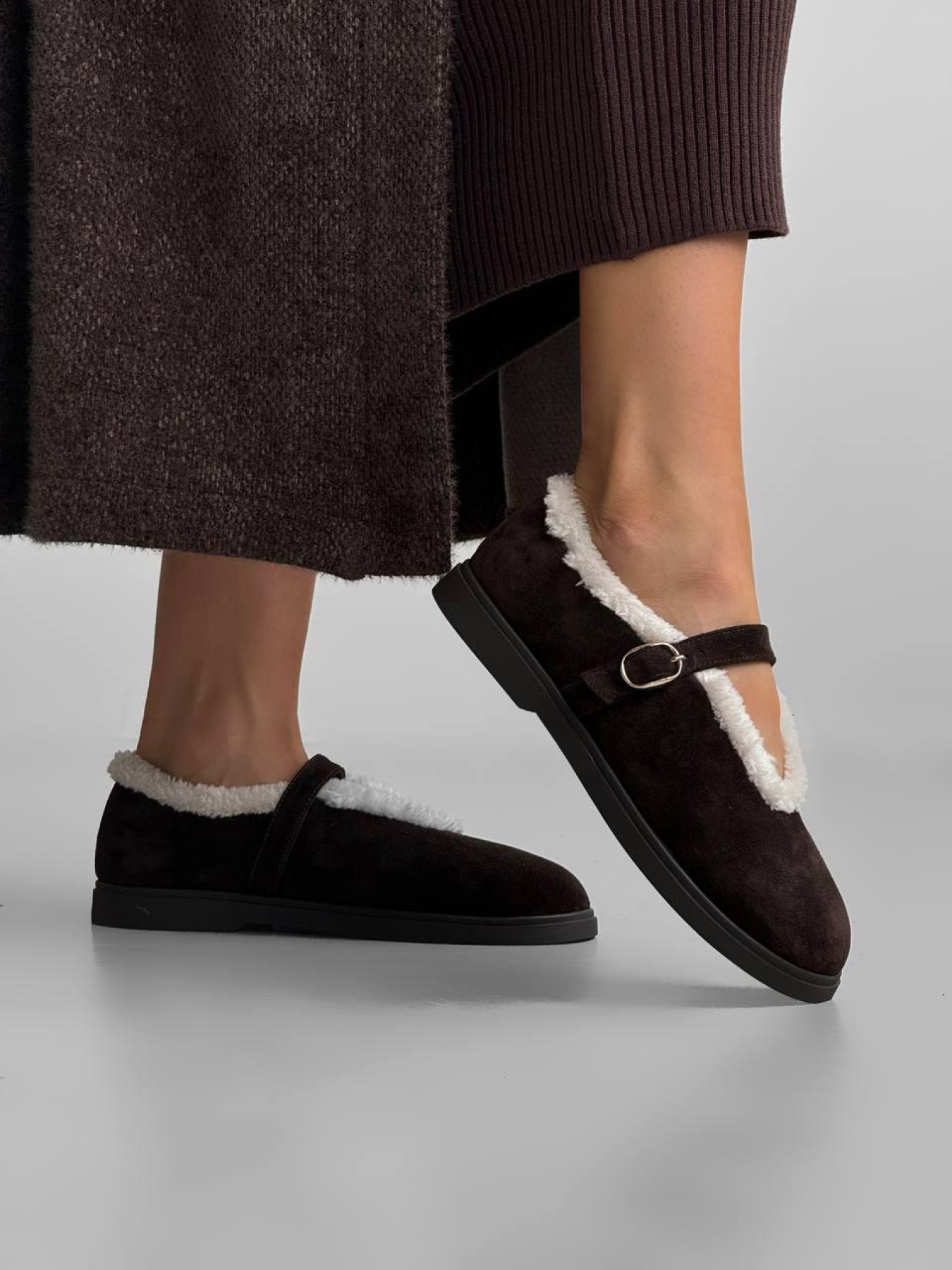 Женские балетки из натуральной замши с меховой подкладкой какао (179/теса 3) модель P_224244-S38_226248 Фото