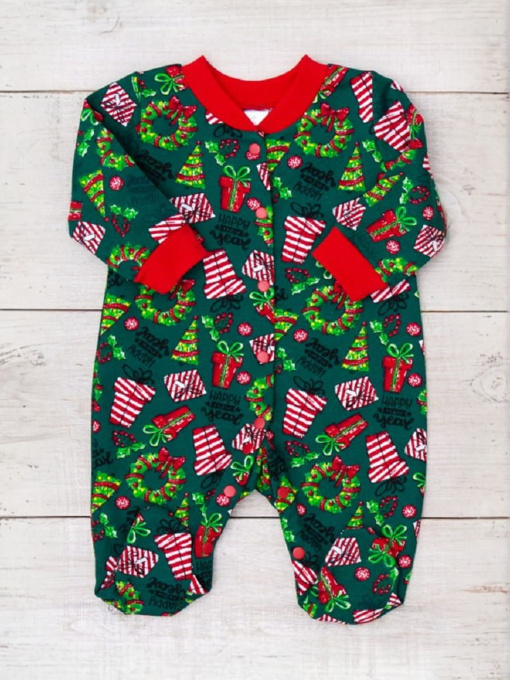 Утеплений ясельний комбінезон з новорічним принтом, Зелений Носи Своє (5058-024) модель 5058-024-podarunki-zelenij Фото
