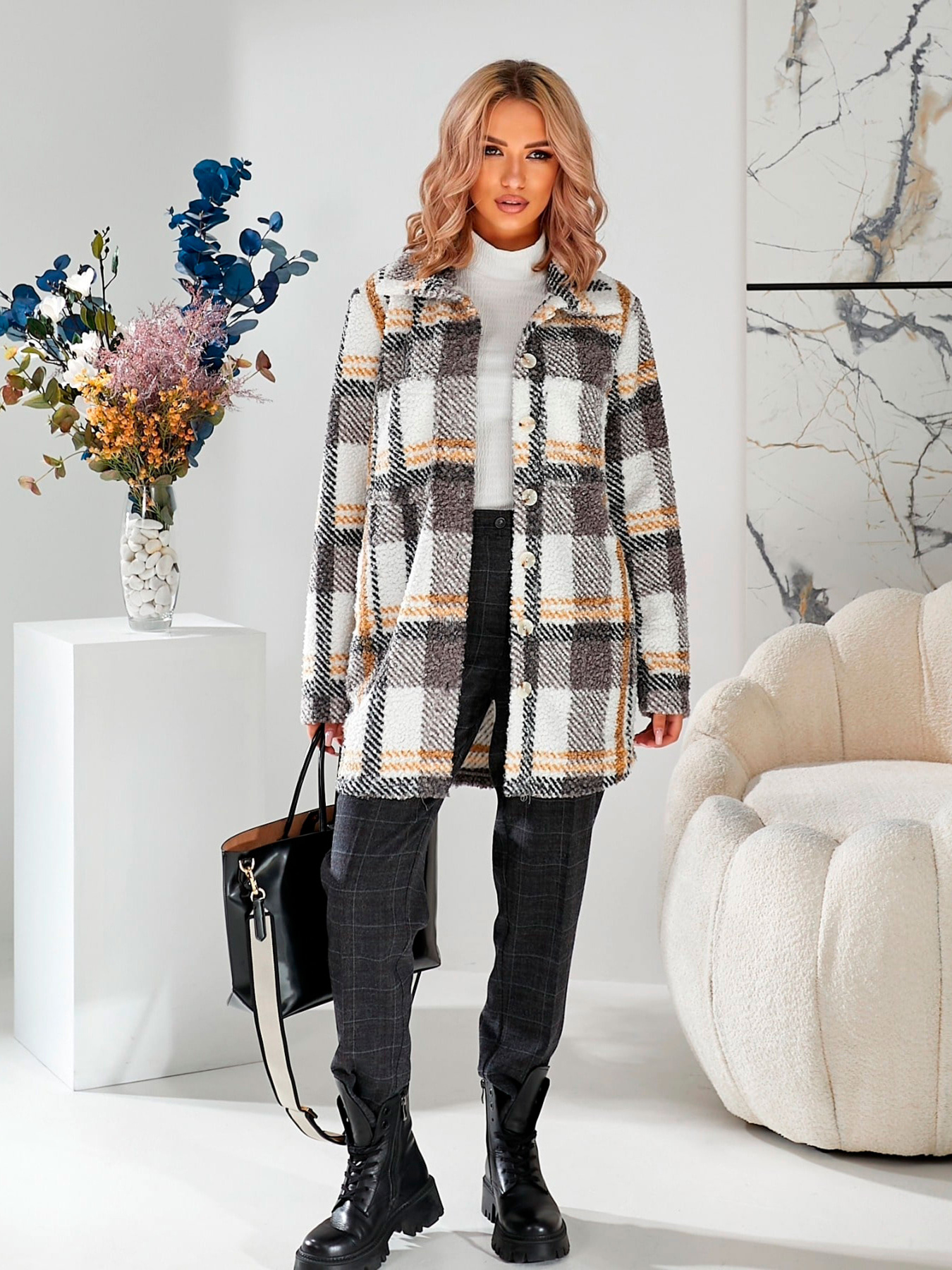 Жіночі теплі брюки з вовни в клітинку, Сірий LadyLike (ll171165558) модель ll171165558-srij Фото