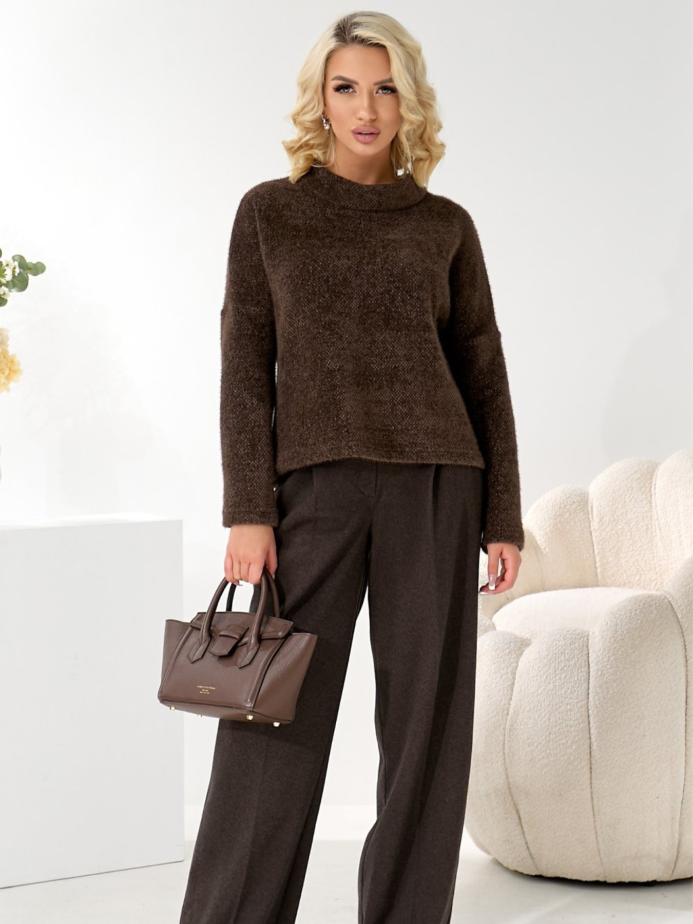 Жіночі теплі брюки з вовни у смужку, Коричневий LadyLike (ll237763385) модель ll237763385-korichnevij Фото