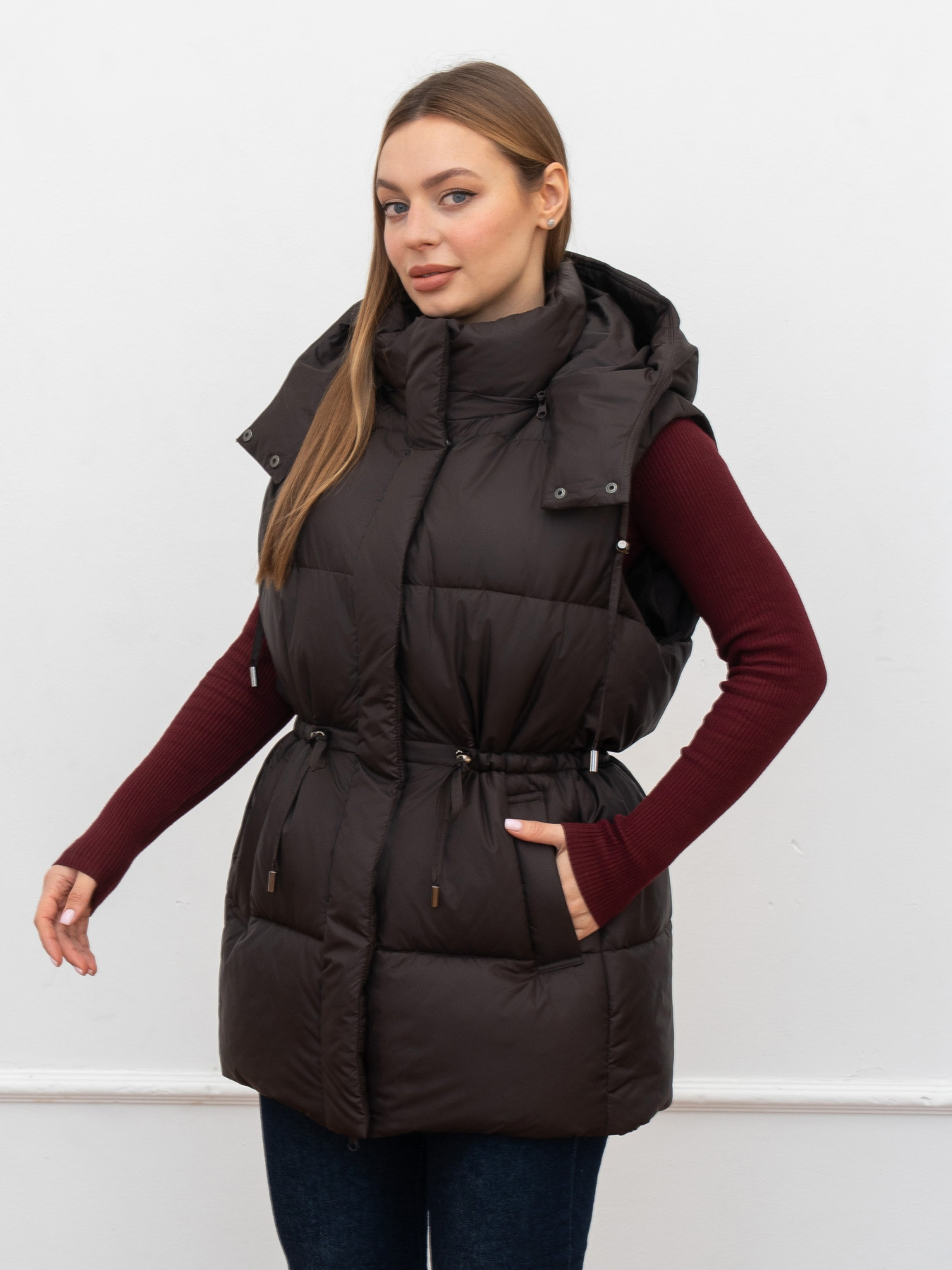 Весенняя женская жилетка удлиненная модель 1155-BM-brown Фото