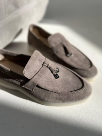 Лоферы из натуральной замши на кожаной стельке узкая перемычка/замок и кольцо Моко серый (154/хилари2) модель P_207780-S39_207810 Фото