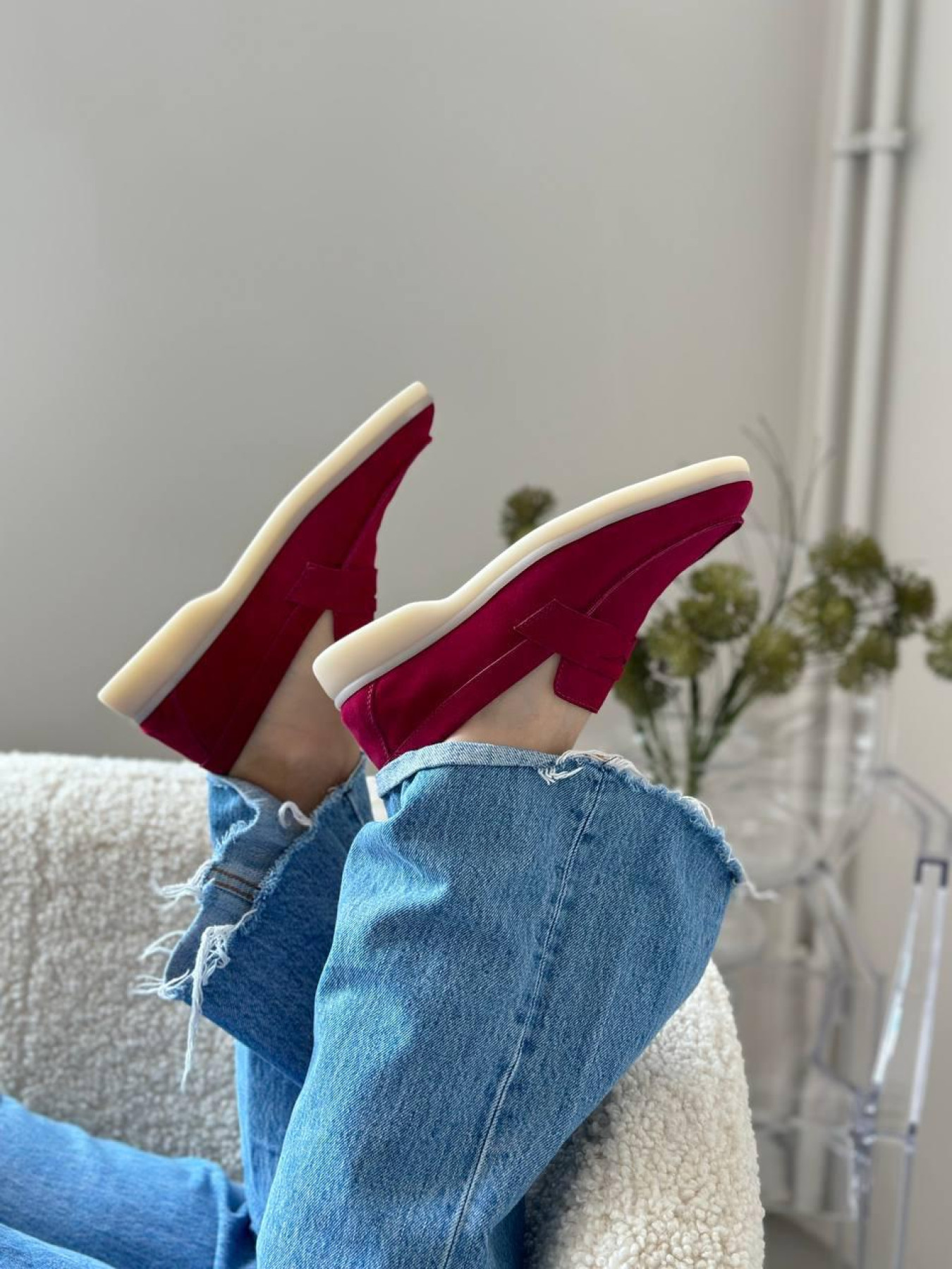 Лоферы из натуральной замши на кожаной стельке фигурная перемычка Вишня (154-20/Хилари2) модель P_149745-S38_152769 Фото